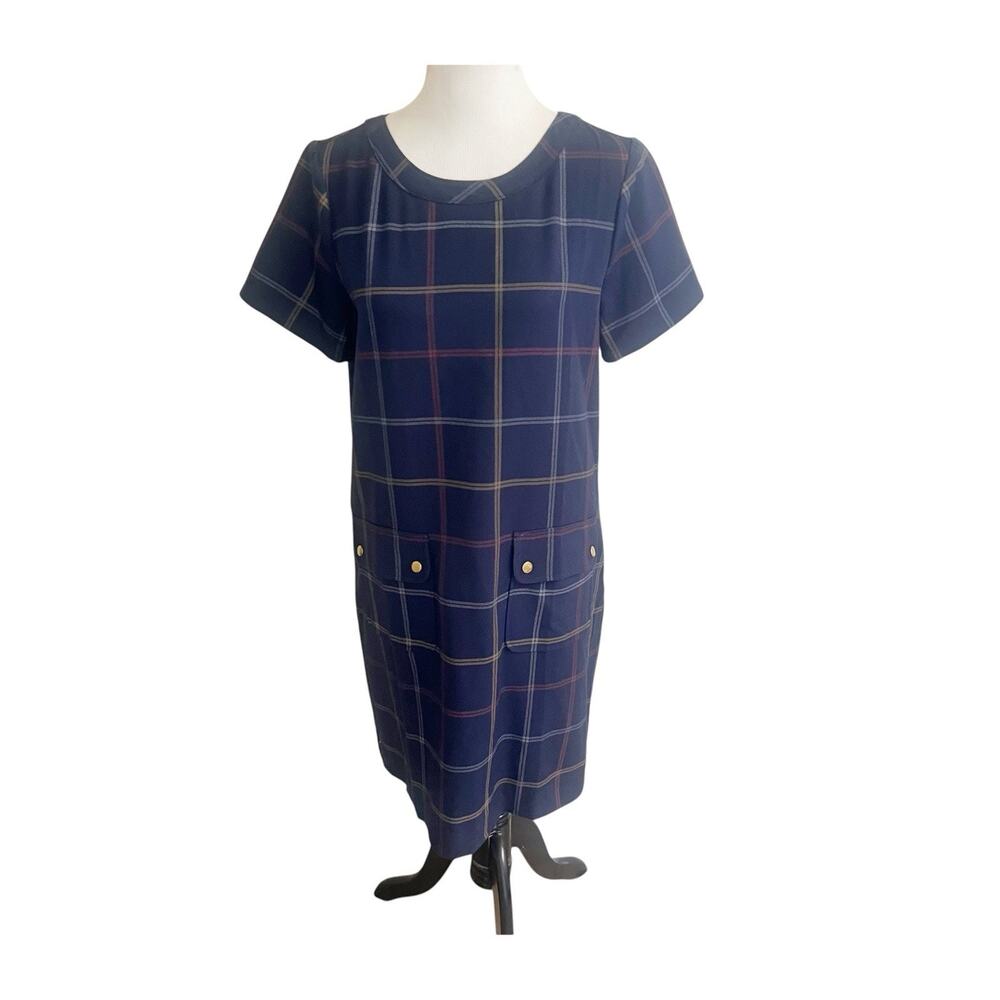 J. Crew Plaid Shift Dress Plaid Pocket Dress Short Sleeve Navy Sz 8 Preppy